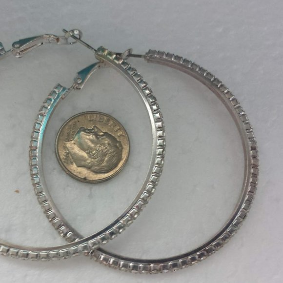 Extra Large Hoop Earrings Silver Rhinestones Large Statement Earrings - Picture 6 of 9